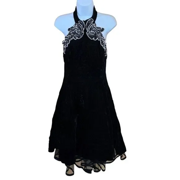 Vintage Black Velvet Halter Dress W/ Bead Sequin Detail whimsygoth elegant glam - Picture 8 of 14